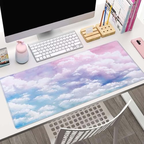 Cute Watercolor Pastel Sky Mouse Pad (31.5 × 11.8 × 0.12 inch) Extended Large Mouse Mat Desk Pad, Stitched Edges Mousepad,Non-Slip Rubber Base,Gaming Mouse Pad XL