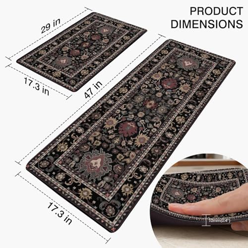 Boho Kitchen Mat, 2PCs, 17.3"x47"+17.3"x29", Black Multicolor