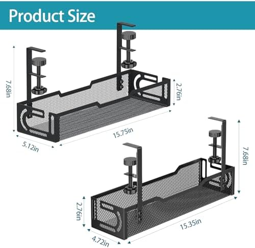 2Pack Under Desk Cable Management Tray, No Drill Mesh Desk Cable Tray
