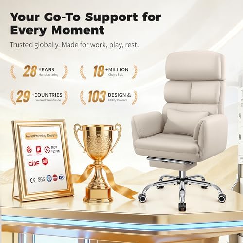 Big and Tall Office Chair 500LBS, Ergonomic High Back Leather Executive Chair, Reclining Swivel with Adjustable Armrests Lumbar Support Footrest, Cross Legged, Beige