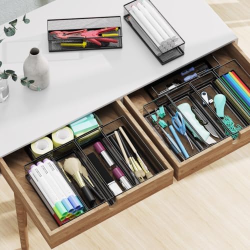 2 Pack Drawer Organizer for Desk, Small Office Supplies Pen Pencil holder, Metal Mesh Desktop Storage Trays for Office, Kitchen, Makeup, Vanity