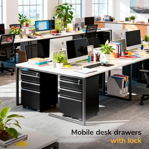 Mount-It! 3 Drawer File Cabinet with Lock and Wheels, Heavy-Duty Steel Rolling Drawer Cabinet, Fully Assembled Under Desk Filing Cabinet for Home Office Storage, 15.3" W x 19.75" D x 24.5" H, Black