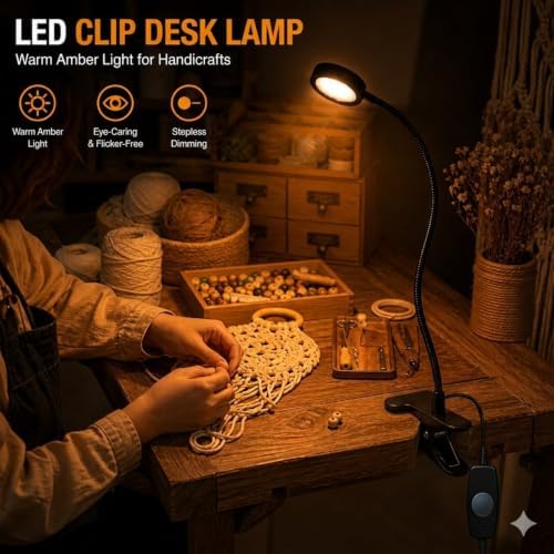 USB Clip-On Desk Lamp Eye Caring Dimmable Reading Light (Amber Light, 8W)