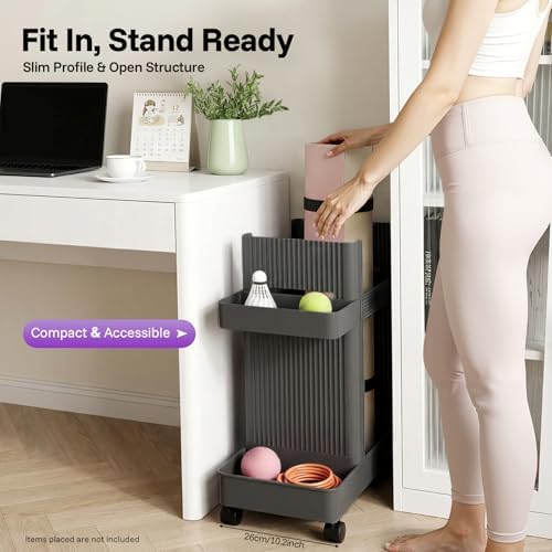 Home Gym Storage,2 Tiers Workout Equipment Organizer with Wheels Workout Equipment Storage Organizer Yoga Mat Storage Racks Home Gym Storage Rack for Yoga Mats, Foam Roller, Dumbbells