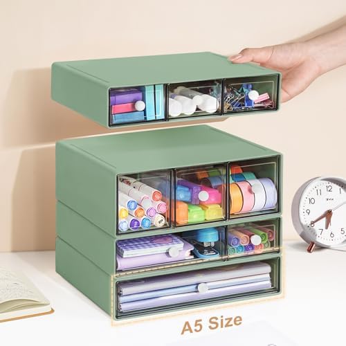 Desk Storage Organizer with 9 Drawers, 4 Tiers Stackable Desktop Craft Storage Drawers, Clear Storage Box Caddy for Stationary Makeup Jewelry Office Craft Supplies (Green)