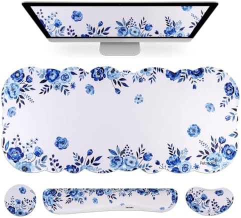 Petmolico Desk Pad Set with Wrist Rest for Keyboard & Mouse, Blue Flower