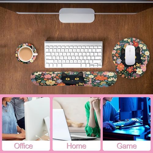 Cute Black Cat Flower Mouse Pad with Wrist Rest Set, 3-in-1 Wrist Support Mousepad Set, Gaming Mat Pad with Anti-Skid Base,Ergonomic Memory Foam Mouse Pad Set for Women, Office, Typing, Gaming