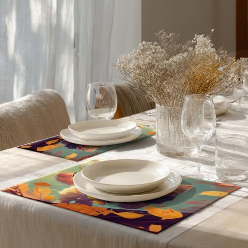 Shrahala Autumn Maple Leaves Set of 8 12 X 18 Inch Linen Placemats, Kittens Scarves Fallen Leaves Autumn Wind Burlap Table Mat Washable Double Layered Heat Insulation for Indoor