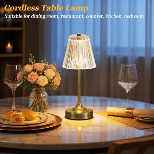 Bronze Cordless Rechargeable Table Lamp, Touch Battery Powered Lamp, 3 Color Modes, Crystal Acrylic Lampshade, Portable Ambient Night Light for Desk, Bedroom, Living Room, Dining Room, Kitchen, Bar