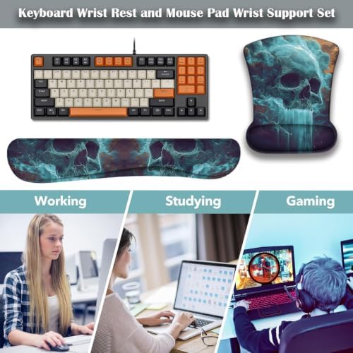 Ergonomic Keyboard Wrist Rest & Mouse Wrist Support Set with Lace Coaster, Gel Memory Foam Anti-Slip Base, Pain Relief for Typing, Mystical Skull