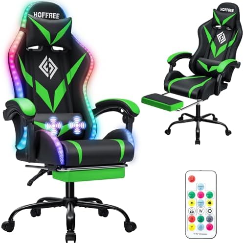 HOFFREE Gaming Chair with RGB LED Lights,Racing Style Computer Chair-Green