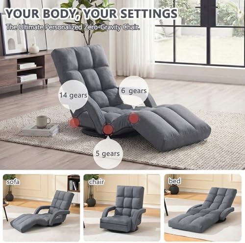 360° Swivel Floor Gaming Chair with Adjustable Footrest, 14-Position Folding Floor Lounger Sofa with Armrests, Reclining Floor Chair for Adults, Reading, Gaming & Relaxing (Grey)