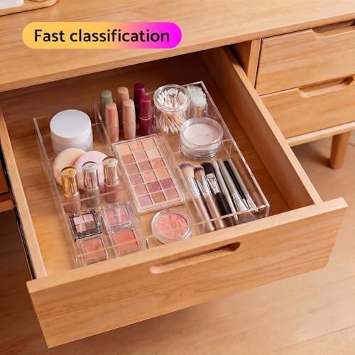 HIIMIEI Acrylic Drawer Organizer, 6 Section Clear Makeup Tray Organizer for Drawer Office Bedroom(11.8x11.8 inch) (Pack of 2)