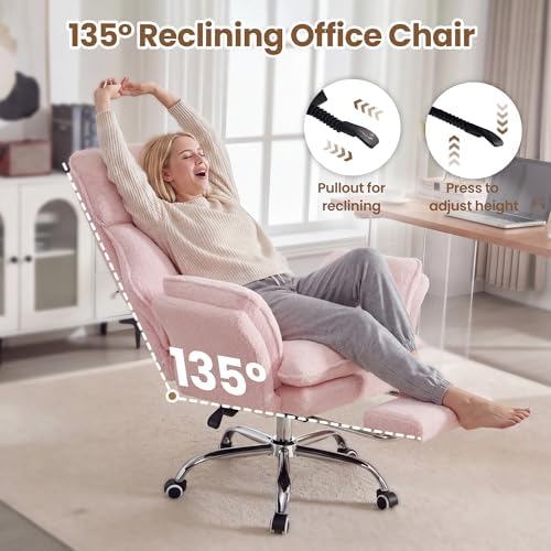 Big and Tall Office Chair with Flip Arms and Footrest, Teddy Criss Cross Legged Home Office Desk Chair with Pet Seat, Comfy Reclining Computer Gaming Chair, Pink