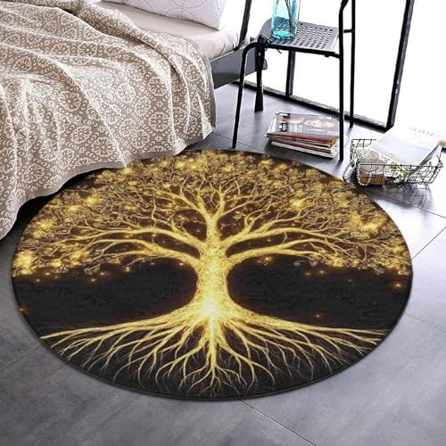 Soft Round Yoga Carpet, Office Chair Decor Round Mat for Carpet and Hardwood Floors Gold Black Tree Life Celtic Art