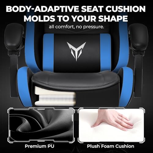 GTPLAYER Gaming Chair High Back Computer Chairs with Foot Rest for Adults, Ergonomic Height Adjustable Recliner Chair 300lbs with Linkage Armrest and Lumbar Support for Home Office, Blue