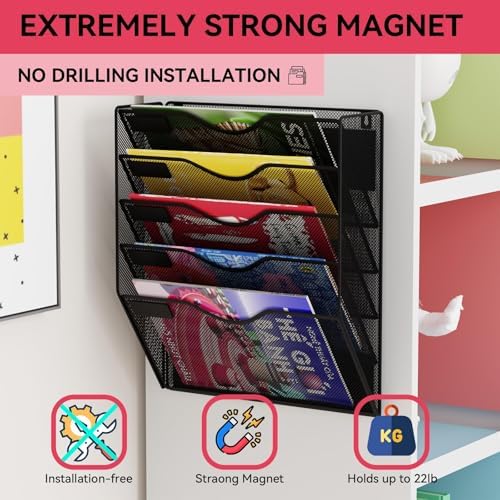 5-Tier Magnetic File Holder, No Drilling Wall File Organizer, File Folder Bins, Mail & Magazine Rack, Magnetic Paper Document Holder for Refrigerator File Cabinets Whiteboard, Black