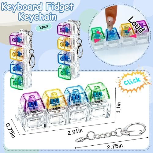 2 PCS Keyboard Fidget Toy, Keyboard Fidget Keychain 4-in-1 Keyboard Decompression Button Finger Clicker Toys, Button Stress Relief Fidget Gifts to Relief Stress (Green Blue Yellow Purple)