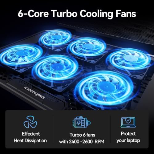 ICE COOREL Laptop Cooling Pad with 6 Cooling Fans, Cooling Pad for Laptop Fan 13-15.6 Inch, Laptop Cooler Stand with 6 Height Adjustable, Notebook Cooler Pad with Two USB Port