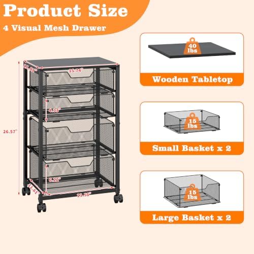 Sbanmao 4 Drawers Rolling File Cart with Wheels, Mobile File Cabinet, Black
