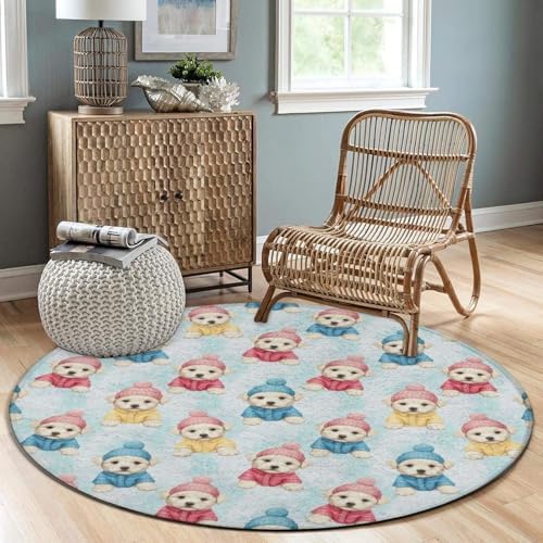 Soft Round Yoga Carpet, Office Chair Decor Round Mat for Carpet and Hardwood Floors Cute Animal Maltese, 60inch