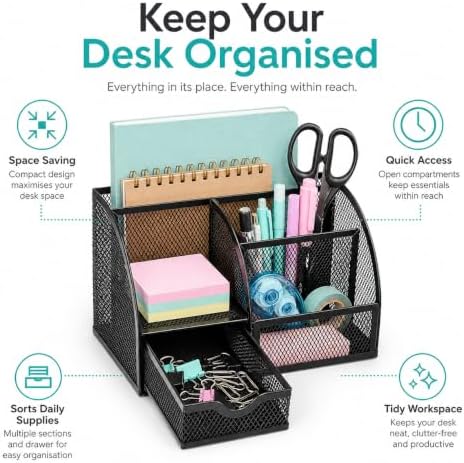 Exerz Desk Organizer 7 Compartment Pencil Holder Office Tidy Caddy Black
