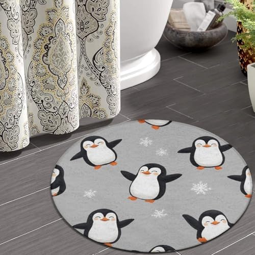 Large Machine Washable Circular Rugs, Home Decor Round Mat for Living Room Sofa Office Cute Penguin Grey