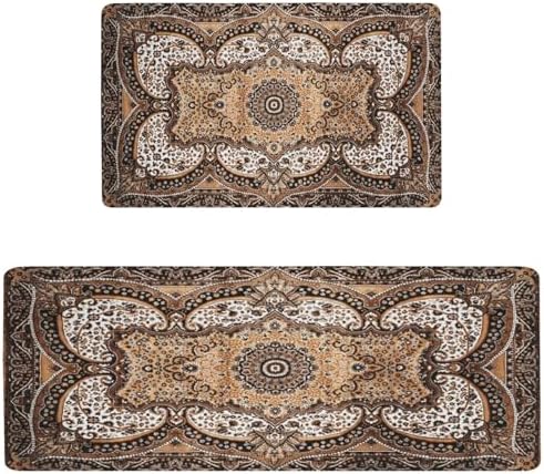 Rustic Farmhouse Kitchen Mat Set 2PCs, 17.3"x47" + 17.3"x29", Brown