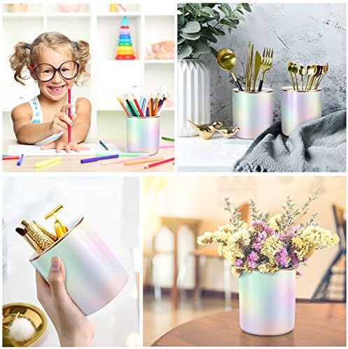 Cute Pen Holder for Desk, Pencil Cup Holder Desktop Stationery Makeup Brush Organizer Decor for Teen Girls Durable Ceramic Desk Organizer for Office, Classroom, Home, Colorful