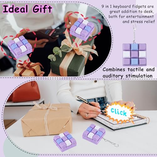 Keyboard Fidget Toy, Keyboard Fidget Keychain 9-in-1 Keyboard Decompression Button Finger Clicker Toys Stress Relief Fidget Gifts (3 Colors- Blue White Purple)