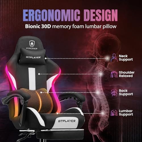 GTPLAYER RGB Gaming Chair with Footrest, LED Lights, Ergonomic Computer Chair with Linkage Armrest, Breathable Fabric for Home Office Desk - Video Game Chairs for Adults