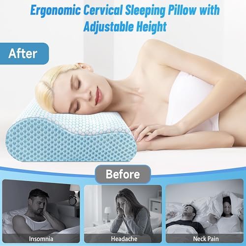 Neck Pillow for Sleeping, Ergonomic Cervical Bed Pillow, Blue Queen Size