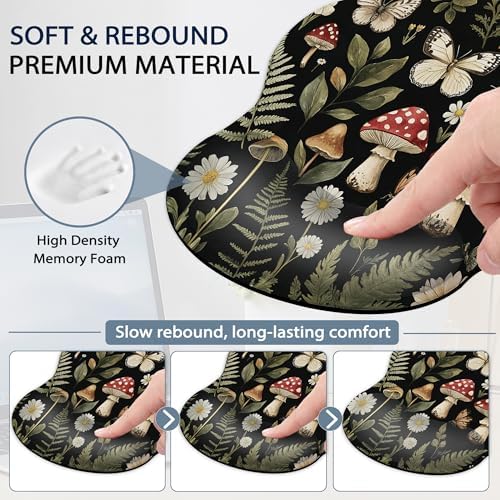 Mushroom Ergonomic Memory Foam Wrist Rest Set for Keyboard and Mouse,Butterfly Flowers Herbs Supportive Mouse Pad with Non Slip Base for Office Work and Gaming