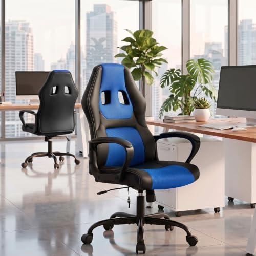 Office Chair Gaming Chair Ergonomic Massage Chair PU Leather Executive Seat with Swivel Base, Massage Lumbar Support, and Padded Armrests (Blue)