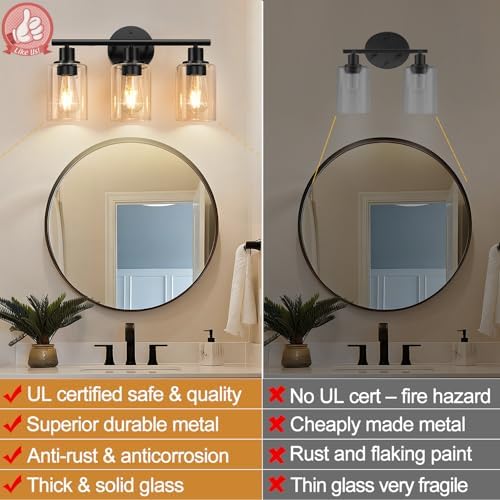 Zarbitta 3-Light Bathroom Light Fixtures, Black Modern Vanity Lights with Amber Glass Shades, Bathroom Wall Lamp for Mirror Kitchen Living Room Hallway Cabinet Porch