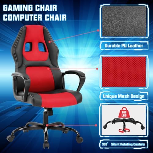 Gaming Chair PC Computer Chair Office Chair for Adult Teen Kids, Ergonomic PU Leather Gamer Chair with Lumbar Support High Back Adjustable Rolling Swivel Desk Chair, Red