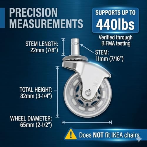 Office Chair Wheels Replacement (Set of 5) - 2.5" Heavy Duty Desk Chair Casters, Quiet Smooth Rolling Thermoplastic Rubber Wheels for Hardwood Floors, Universal Fit (Chrome/Clear)