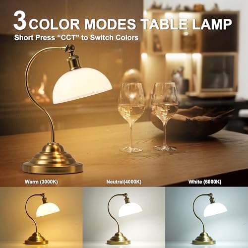 Cordless Table Lamp, Battery Operated Vintage Desk Light, Brass & White