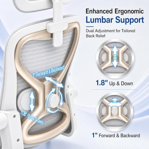 Ergonomic Office Chair for Long Hours and Back Pain Relief, Space-Saving Design with Adjustable Lumbar Support, Flip-Up Arms, 3D Headrest, Tilt & Rock, 330 LBS, White/Gold