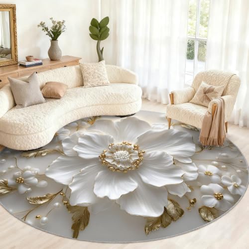 Floral Round Rug - 4ft Washable Relief Floral Round Area Rug for Living Room, Modern Luxury Circle Rugs Soft Non-Slip Carpet for Bedroom Kitchen Dining Table Decor Mat