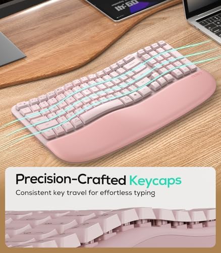 Nulea RT08 Wave Keys Wireless Ergonomic Keyboard with Cushioned Palm Rest, 2.4GHz Ergo Cordless USB Computer Keyboard, Comfortable Natural Typing, for Laptop, Mac, Windows (Pink)