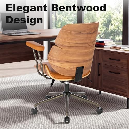 Mid Century Walnut Bentwood PU Leather Office Chair with Arms, Brown