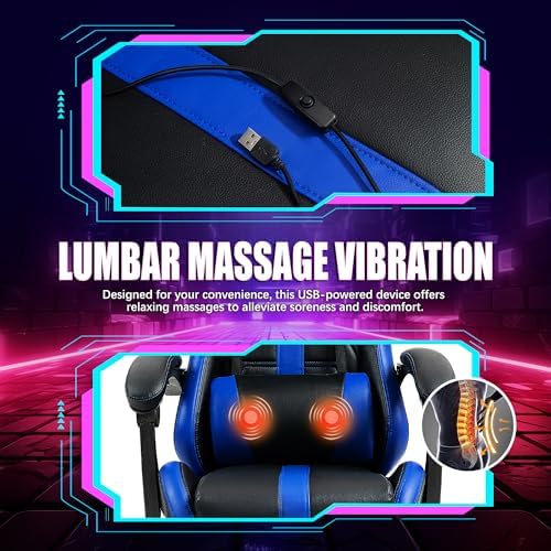Massage Gaming Chair with Footrest & Lumbar Support, Blue