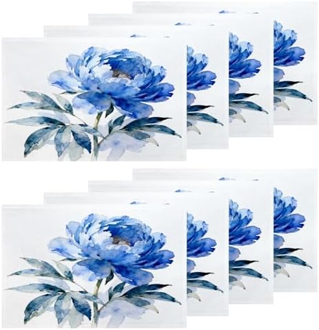 Shrahala Indigo Blue Hand Floral Bouquet Set of 8 12 X 18 Inch Linen Placemats, Watercolor White Flowers Burlap Table Mat Washable Double Layered Heat Insulation for Indoor/Outdoor