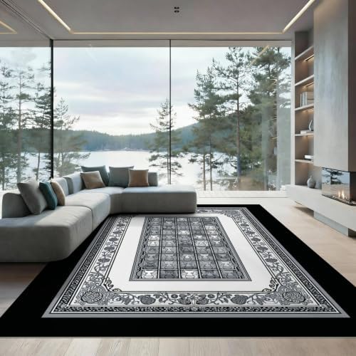 8'x10' Charcoal Gray Cat Motif with Vine Border Ultra-Soft Area Rug
