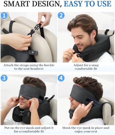 Travel Pillow for Long Flight Airplanes, Head Strap with Soft Eye Mask for Sleep, Memory Foam Travel Neck Pillow for Car Trip Essential, 360° Headrest Support to Stop Head Bobbing, EVA Case, Grey