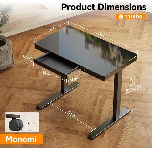 Monomi 35x20 Glass Electric Standing Desk with Drawer and Wheels, Black