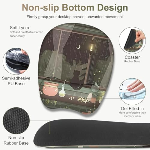 Aesthetics Large Mouse Pad with Wrist Support 4 in1 Set, XXL Big Game Mousepad + Keyboard Wrist Rest + Mouse Wrist Rest Pad +Coaster Gaming Mat for Home Office Computer I Green Plants and Black Cat