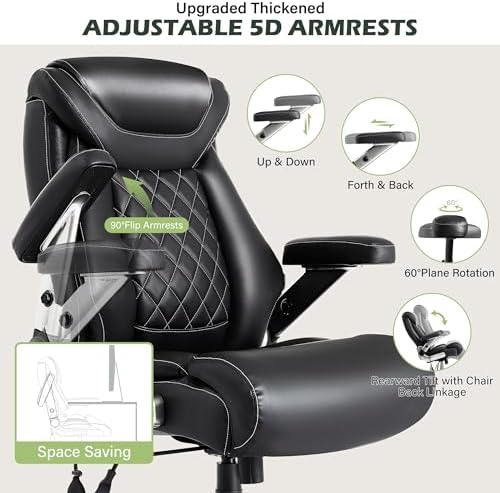 Large Big and Tall Office Chair 650lbs with Thick Spring Cushion, 5D Flip Arm Ergonomic Executive Office Chair Adjustable Lumbar Airbag&Extra Wide, Comfy Padded Heavy Duty Game Chair Dual Rubber Wheel