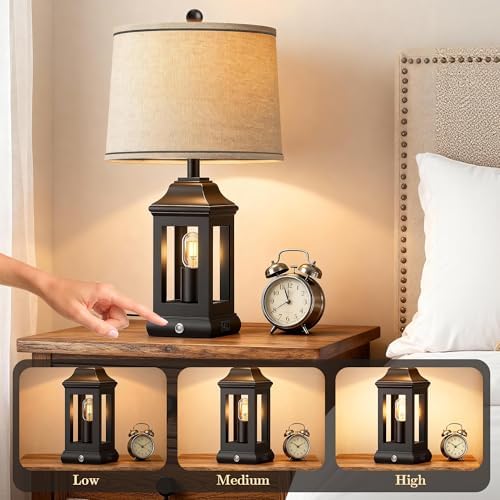24" Rustic Farmhouse Table Lamps for Living Room, Single Pack Touch Dimmable Nightlight Vintage Bedside Lamps with USB A+C Ports & Dual Light Sources for Bedroom Nightstand End Table, Matte Black
